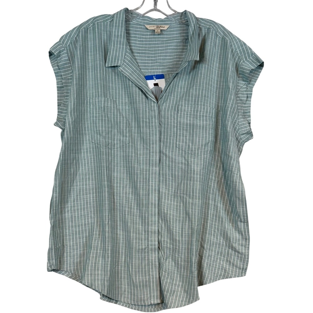 JACHS Girlfriend Sage Green & White Striped Short-Sleeve Button Down Shirt